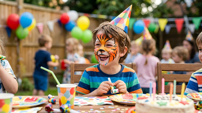 A young boy with a tiger face paint smiling at a birthday party with colorful decorations and children in the background