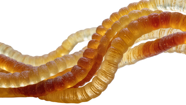 Isolated translucent wavy colorful gummy candy strands with sweet sugary texture