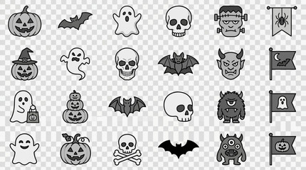Naklejka premium Cartoon black and white Halloween monster icons.