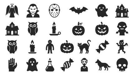 Fototapeta premium Bold black Halloween silhouette icons of monster characters.