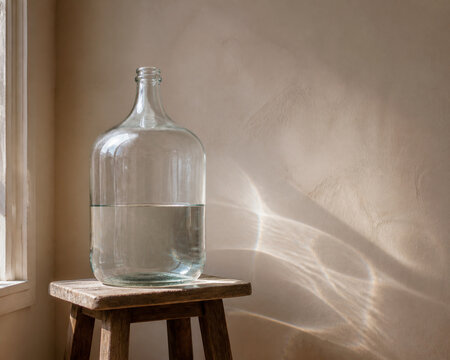 Glass carboy half-filled with water on wooden stool, pure hydration and natural simplicity concept.