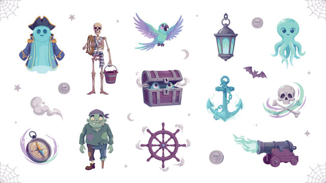 Spooky cartoon ghost pirate vector element set with skeleton zombie parrot treasure chest skull anchor and haunted nautical icons