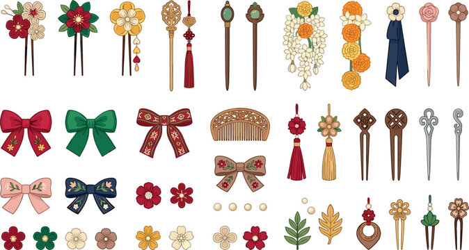 Traditional Korean hairpins and ornaments set with binyeo daenggi ribbons norigae tassels kanzashi flowers and traditional wedding accessories vectorT