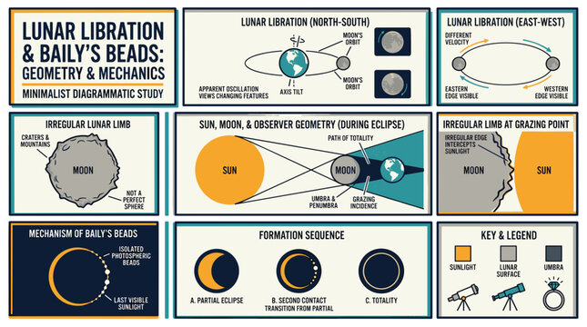 Technical diagrams of lunar libration and eclipse mechanics.