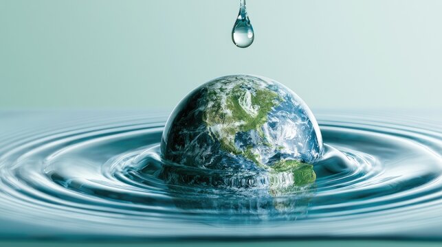 Earth partially submerged in rippling water, with a single drop falling