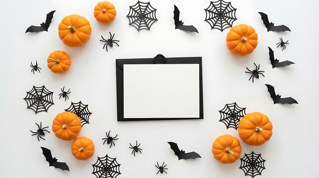 Halloween flat lay with pumpkins, spiders, bats, and web isolated on white background