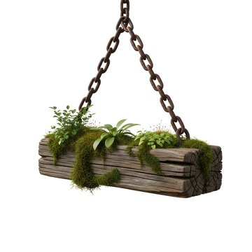 Hanging wooden planter with green plants