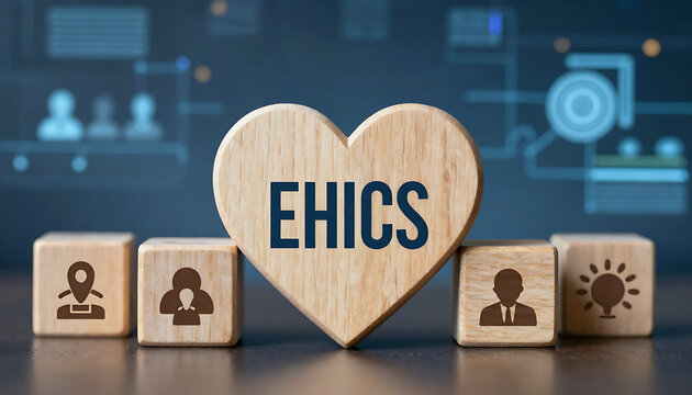 Wooden letter cubes spelling ethics arranged inside a human heart shape on a digital circuit board background created with generative ai.
