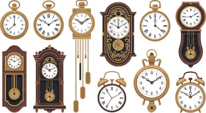 Vintage antique clocks and pocket watches collection with wooden grandfather clock alarm clock and pendulum vector illustration