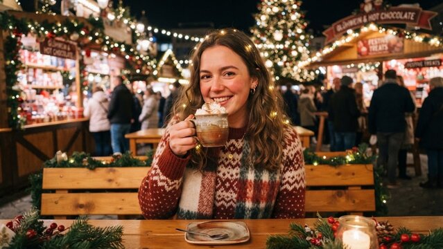 Happy Young Woman Holding Hot Chocolate at a Festive Christmas Market