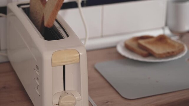 Bread is placed into a toaster. The toaster is then activated. The bread pops up when it is ready. A hand reaches out to take the toast off the counter.