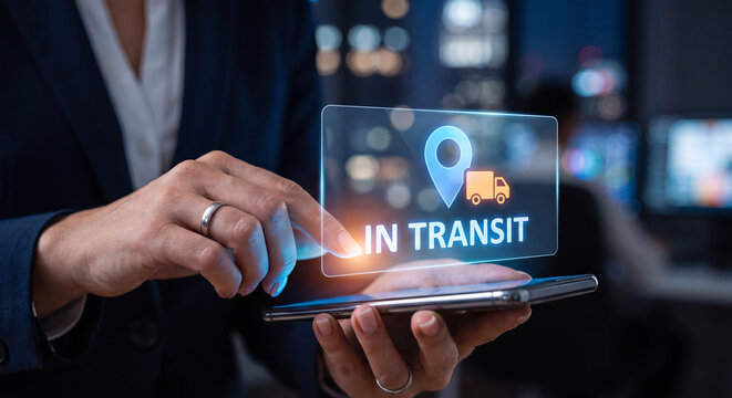 businesswoman taps glowing location pin interface on smartphone to track delivery route, confirm package arrival, monitor fleet movement, optimize shipping path, and verify destination status