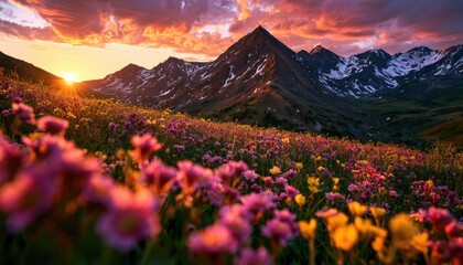 Obraz premium Vibrant mountain wildflowers bloom under a fiery sunset sky