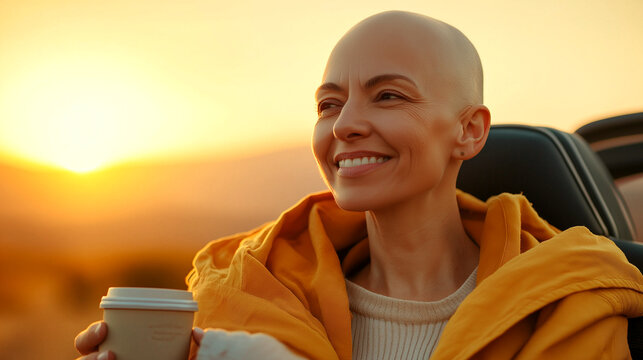 Middle-aged woman enjoys sunset in sporty electric car while recovering from chemotherapy in a warm blanket with coffee