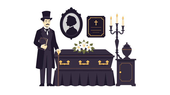 Funeral Scene With Ornate Coffin And Mourner In Victorian Attire.