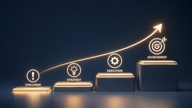 Business workflow progression timeline featuring glowing upward arrow over challenge strategy execution and achievement steps