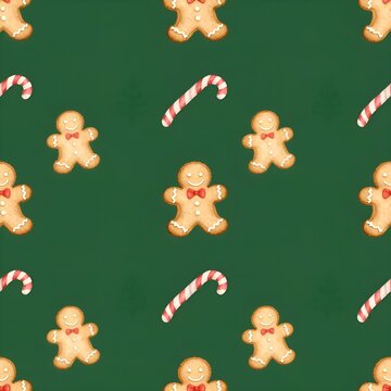 Gingerbread Man and Candy Cane Seamless Christmas Pattern