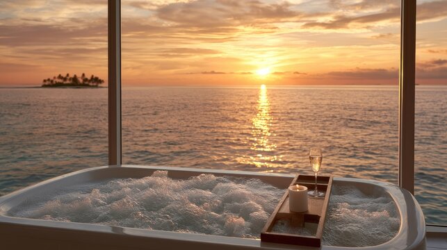 Bubbling hot tub with champagne and candle overlooks serene ocean sunset (1)