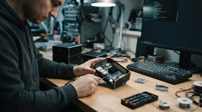 Developer assembling an ARM64 mini server on a tidy desk with fanless metal cases, ethernet cables, mechanical keyboard, and terminal monitor.