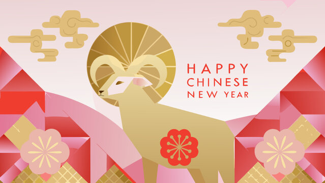 Stylized goat illustration with art deco elements and a festive chinese new year greeting art deco ram caprine