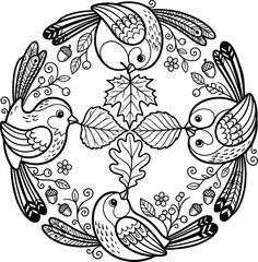 Obraz premium Bird Mandala Coloring Page with Autumn Leaves Acorns and Flowers Decorative Circular Pattern for Kids Book Line Art Design