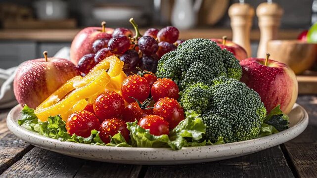 Plate shows broccoli, grapes, apples, cherry tomatoes on lettuce in cozy kitchen. Focus on vegetables echoed through fresh veggies and produce for diet content, retail ads