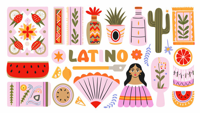 Latino Cultural Elements Vector Illustration Featuring Tropical Fruits Cactus And Traditional Instruments latin american culture tradition mexican
