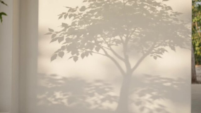 Shadow of a leafy tree cast on a plain light-colored wall in natural sunlight.