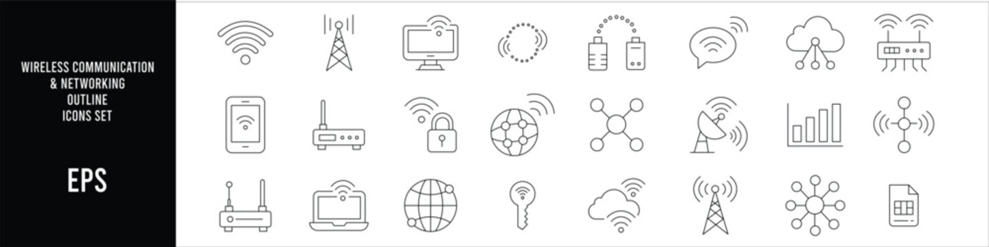 Minimal wireless communication and networking outline icon set featuring WiFi internet cloud security router connectivity technology symbols for web and application design