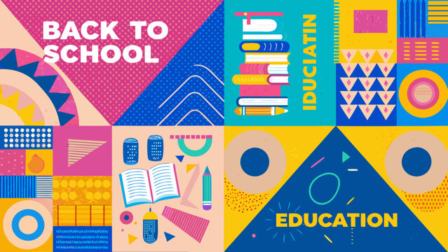 Colorful vector illustration featuring school supplies and geometric shapes arranged in a vibrant pattern academic adornment art