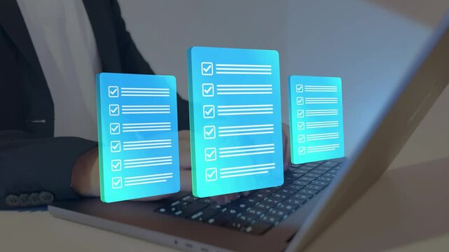 3d graphics of Digital checklist management for business certification and quality assurance. Quality assurance document management technology standards.