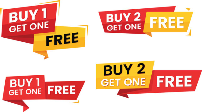 PrintBuy One Get One Free & Buy 2 Get 1 Free Sale Banner Sticker Vector, BOGO Promotion Labels, Discount Offer Tags, Retail Marketing Badges Set