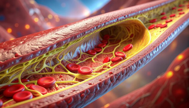 A detailed 3D medical illustration of a capillary blood vessel showing red blood cells flowing through a microscopic network, representing vascular health, circulation, and anatomy concept.