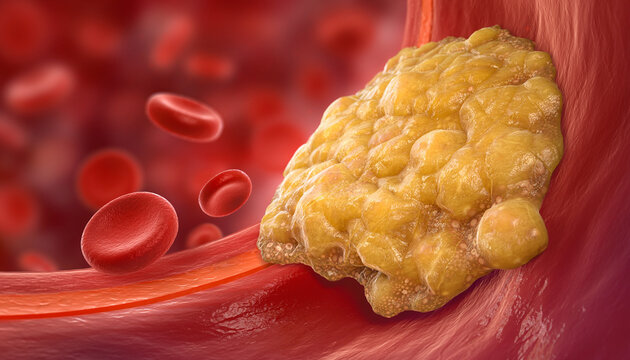 A close-up 3D medical illustration showing a large cholesterol plaque buildup inside an artery wall with red blood cells passing by, representing atherosclerosis and cardiovascular risk.