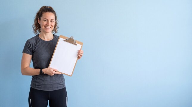 A smiling woman with curly hair wearing a dark gray athletic t-shirt and black leggings ad social media download thambnail poster web template event festival 2026 2027 2028