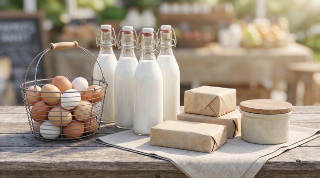 Farm-fresh eggs, milk bottles, cheese, and butter on wooden table  