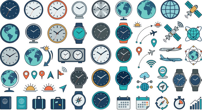 Global time zones and logistics travel vector icon set with world globes clocks wristwatches satellites airplanes and calendars