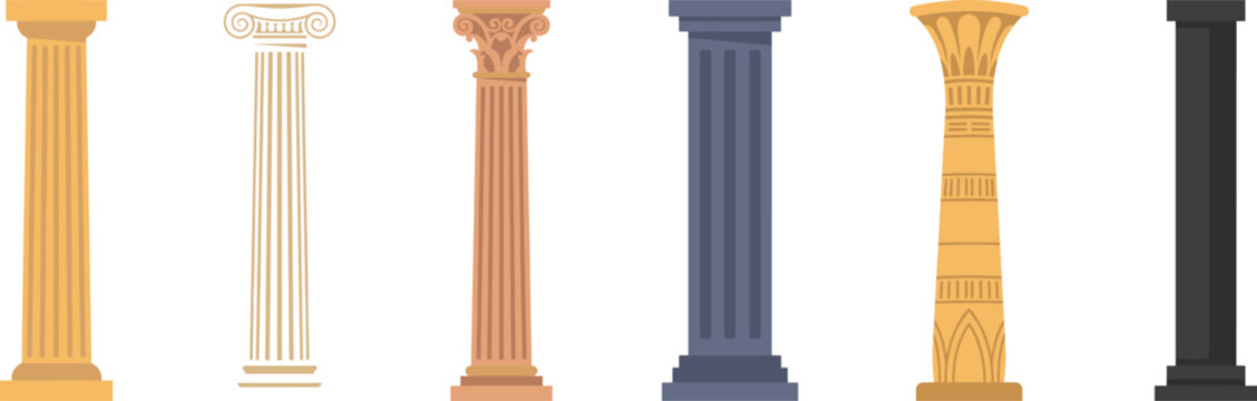 Black architectural column icon set featuring Doric, Ionic, Corinthian, Roman, Egyptian, and minimalist styles symbolizing history, architecture, and cultural design concepts