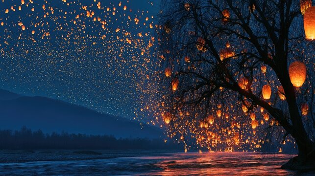 Thousands of glowing sky lanterns drift over a dark river and silhouetted trees