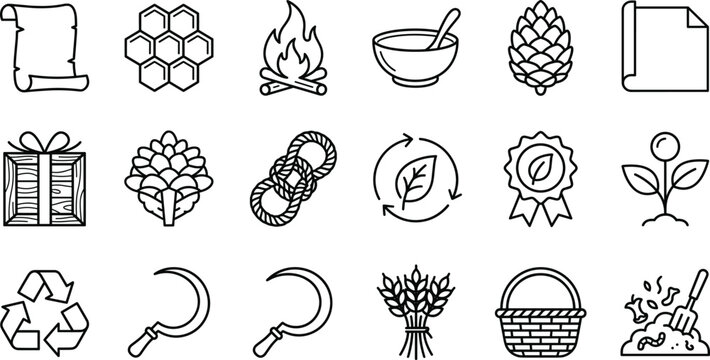 Organic farming and natural lifestyle icon set with honeycomb campfire sickle basket line art vector elements