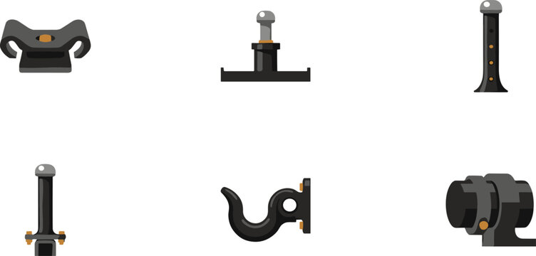 Black trailer hitch and towing attachment icon set featuring coupler, ball mount, adjustable post, receiver tube, tow hook, and clamp connector for vehicle towing and transport
