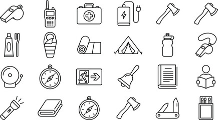 Emergency survival kit and outdoor camping icon set with whistle radio tent axe line art vector elements © AKTAR