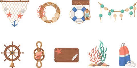 Nautical maritime ocean vector elements collection featuring helm steering wheel lifebuoy fishing net coral rope and sea decoration icons illustration © Md