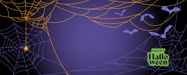 Happy Halloween banner with spider webs and bats on dark purple background. Flat Halloween banner template with copy space. Design for poster, greeting card, invitation, postcard, header © Nadiia
