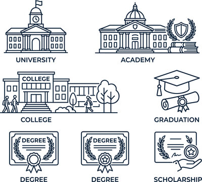 Higher education and graduation icon set with university college academy degree line art vector elements