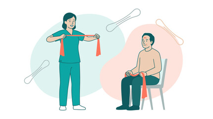 Fototapeta premium Nurse assisting elderly man with physical therapy exercises using resistance bands, promoting health and recovery
