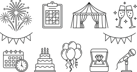 Event planning and celebration icon set with fireworks cake tent balloons microphone line art vector elements © AKTAR