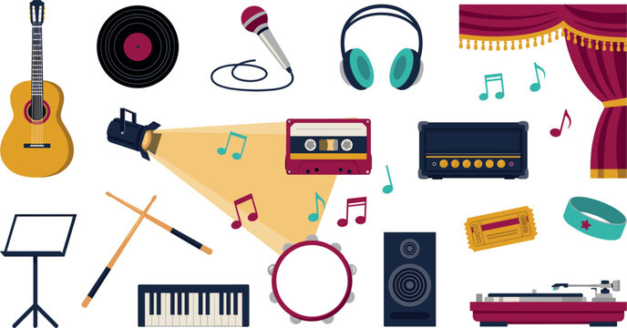 Retro music instruments vector elements collection featuring guitar microphone headphones cassette tape vinyl turntable and stage curtains illustration