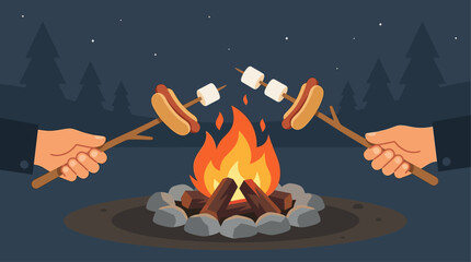 Naklejka premium A delightful flat design illustration showcasing stylized hands toasting hot dogs and marshmallows over a fire, iconic snacks for Bonfire Night. 