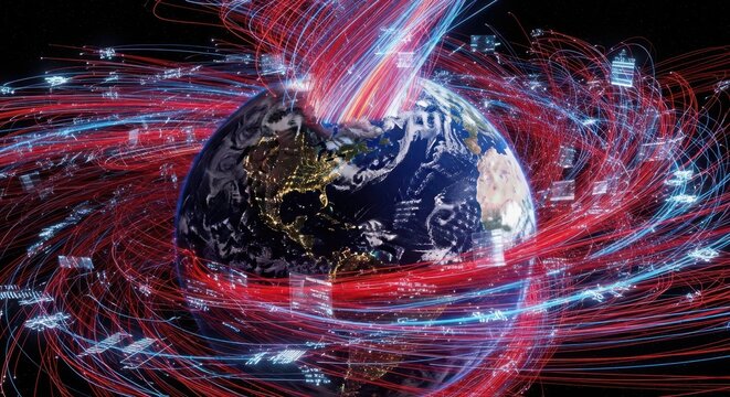 Global Data Network Around Earth with Red Blue Light Trails - Internet, Communication, Technology Concept